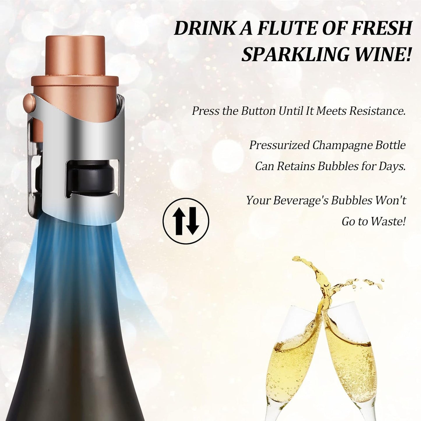 HYZ 3-Pack Champagne Stoppers Wine Saver, Sparkling Wine Vaccum Stoppers with Built-in Pump for Champagne, Prosecco and Cava - Stainless Steel + ABS Champagne Bottle Stoppers, Rose Gold/Gold/Silver