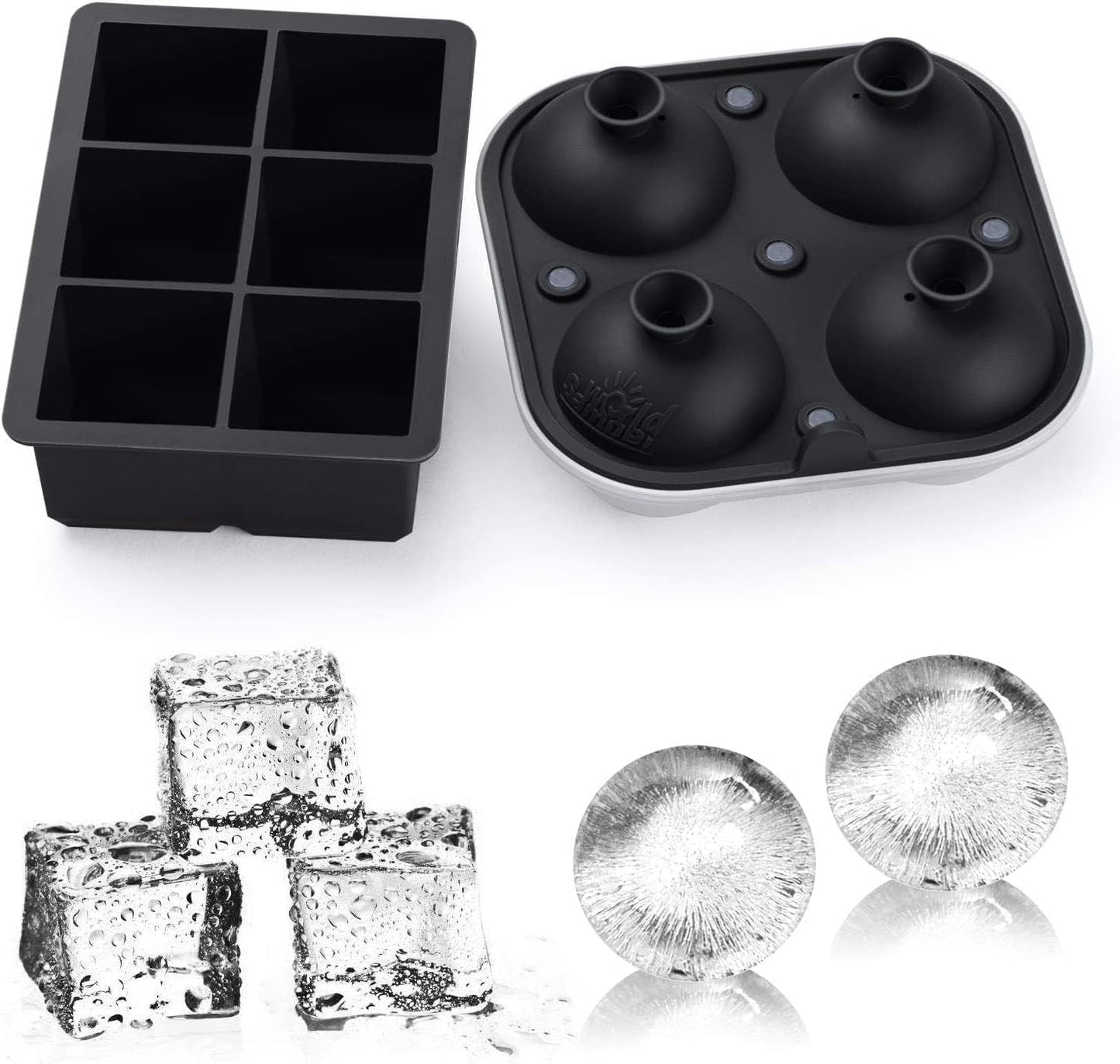 Samuelworld Large Silicone Premium Ice Trays, 2-Pack Combo, 2 Inches Big Ice Cube Tray & 2.5 Inches Large Ice Sphere - BPA Free, Craft Ice Maker for Gifting, Whiskey, Cocktails, Easy Release - Black