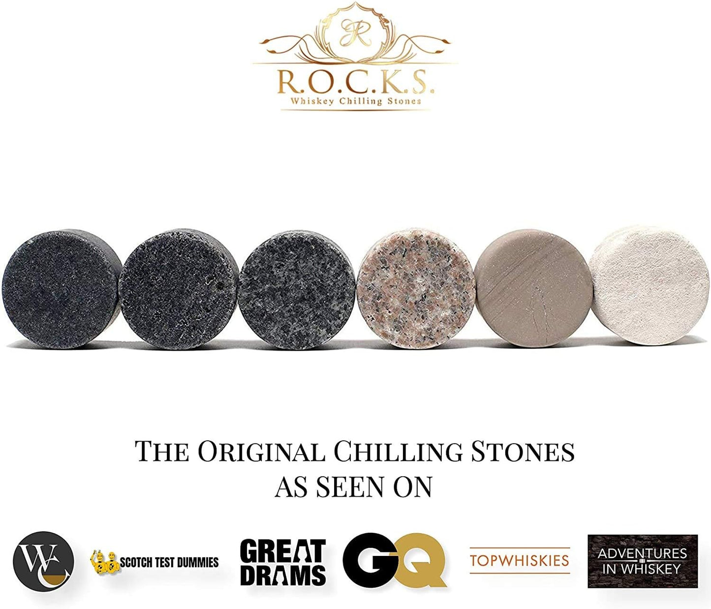 Whiskey Chilling Stones Gift Set - 6 Handcrafted Premium Granite Round Sipping Rocks - 2 Heavy Bourbon Glasses - Hardwood Presentation & Storage Tray - Elegant Gold Foil Gift Box by R.O.C.K.S.