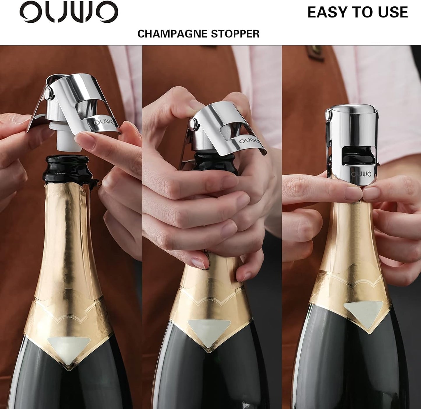 Champagne Stopper 6 Pack Stainless Steel Champagne Save with Food Grade Silicone, Leak-Proof Bubble Retaining Saver, Suitable for Champagne Prosecco Cava and Sparkling (Silver)