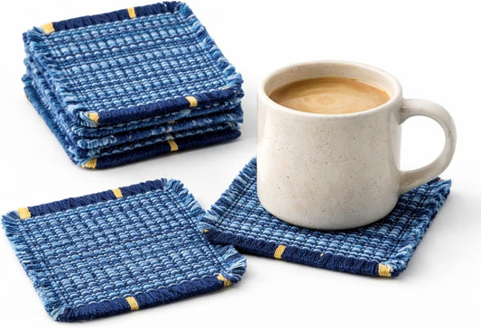 Boho Fabric Coasters for Home Decor Set of 6, Handcrafted Cotton Drink Coasters, Coastal Farmhouse Table Decor for Coffee, Tea & Cocktails, Housewarming Gift