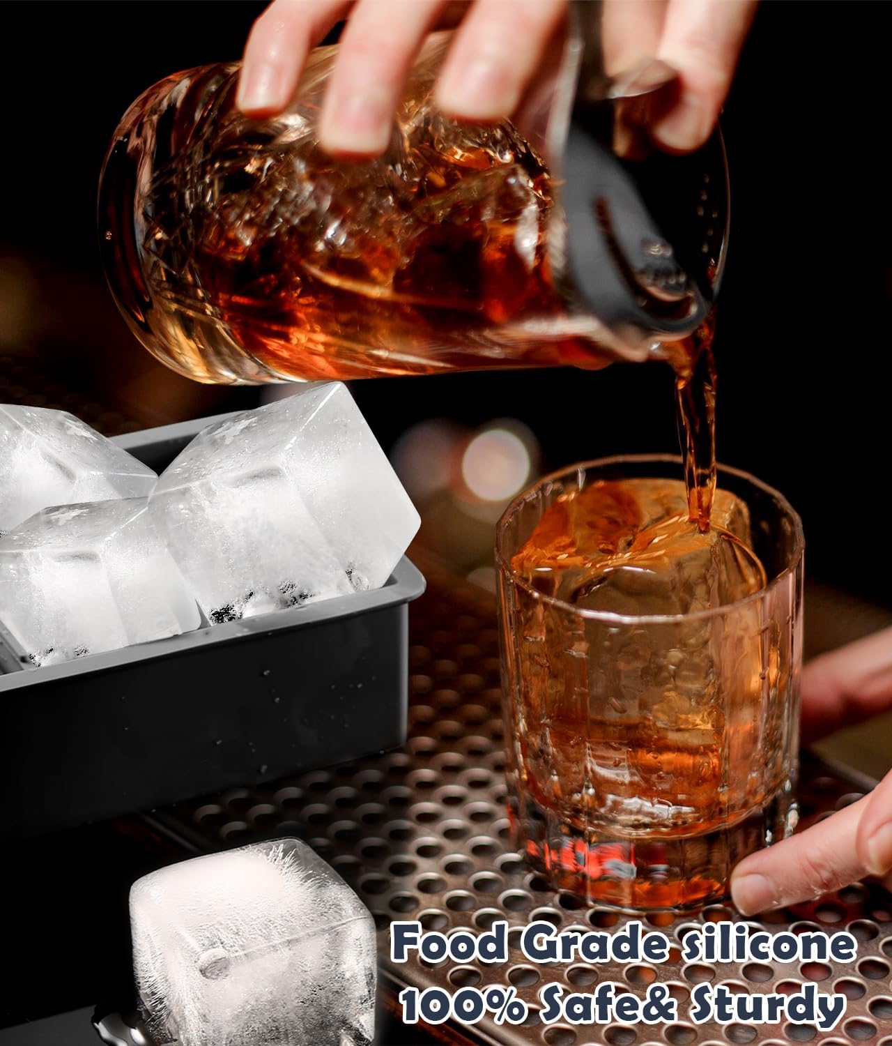 2Pack Silicone Square and Round Ice Cube Trays for Freezer - Sphere, Rose, Diamond Ice Molds for Whiskey, Cocktails & DIY, Black
