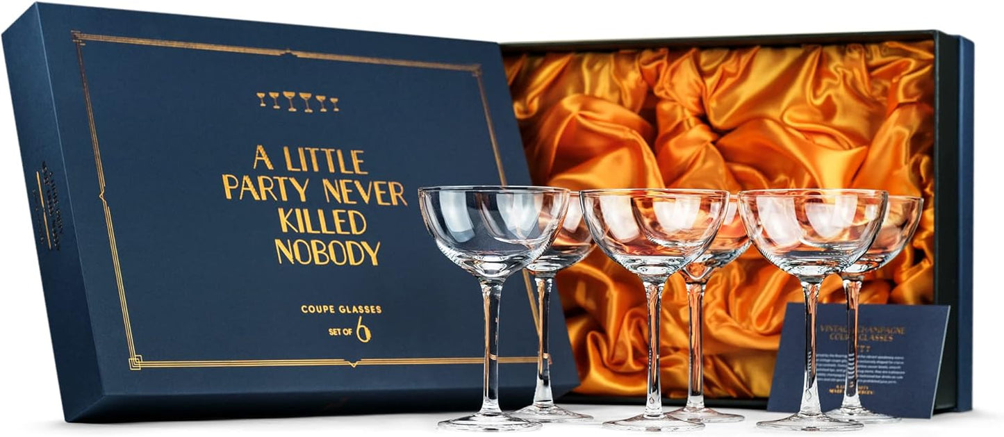 Vintage Crystal Champagne Coupe Glasses | Set of 6 | 4-5 oz Classic Cocktail Glassware - Martini, Manhattan, Cosmopolitan, Sidecar, Daiquiri | 1920s Speakeasy Retro Style Saucers | Storage Box
