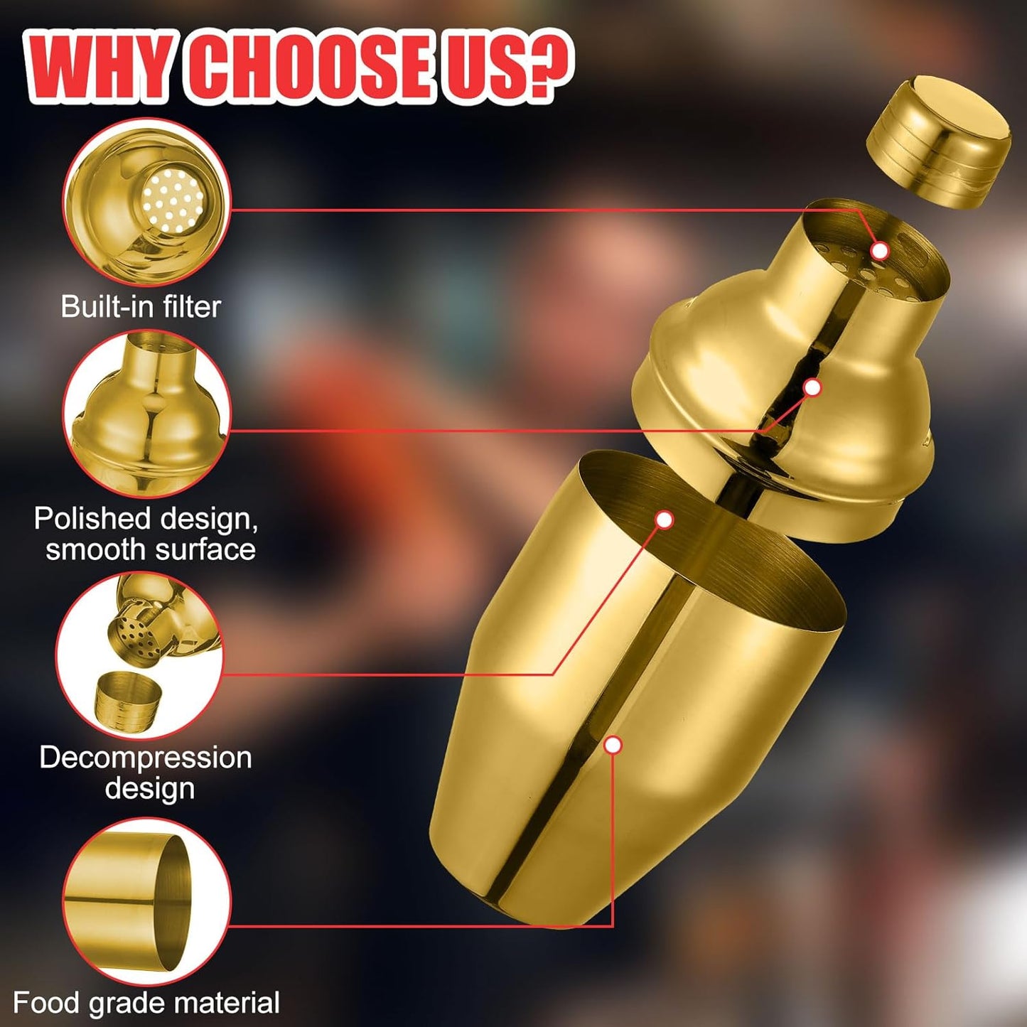 Nitial 6 Pcs Bar Cocktail Shaker Professional Stainless Steel Martini Drink Mixer Built-in Strainer for Bartending No Leaks Shaker for Bar Party Drink Mixer (Gold,8 oz)