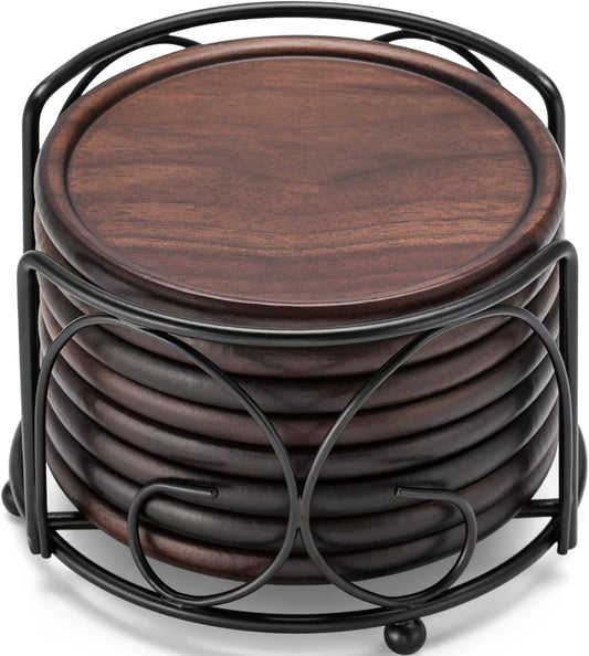 Wood Coasters with Holder, GOH DODD Set of 8 Walnut Wooden Coaster Tabletop Protection for Drinks Coffee Table Home Kitchen Office Bar Living Room Decor Housewarming Gifts Wedding Party, 4 Inch