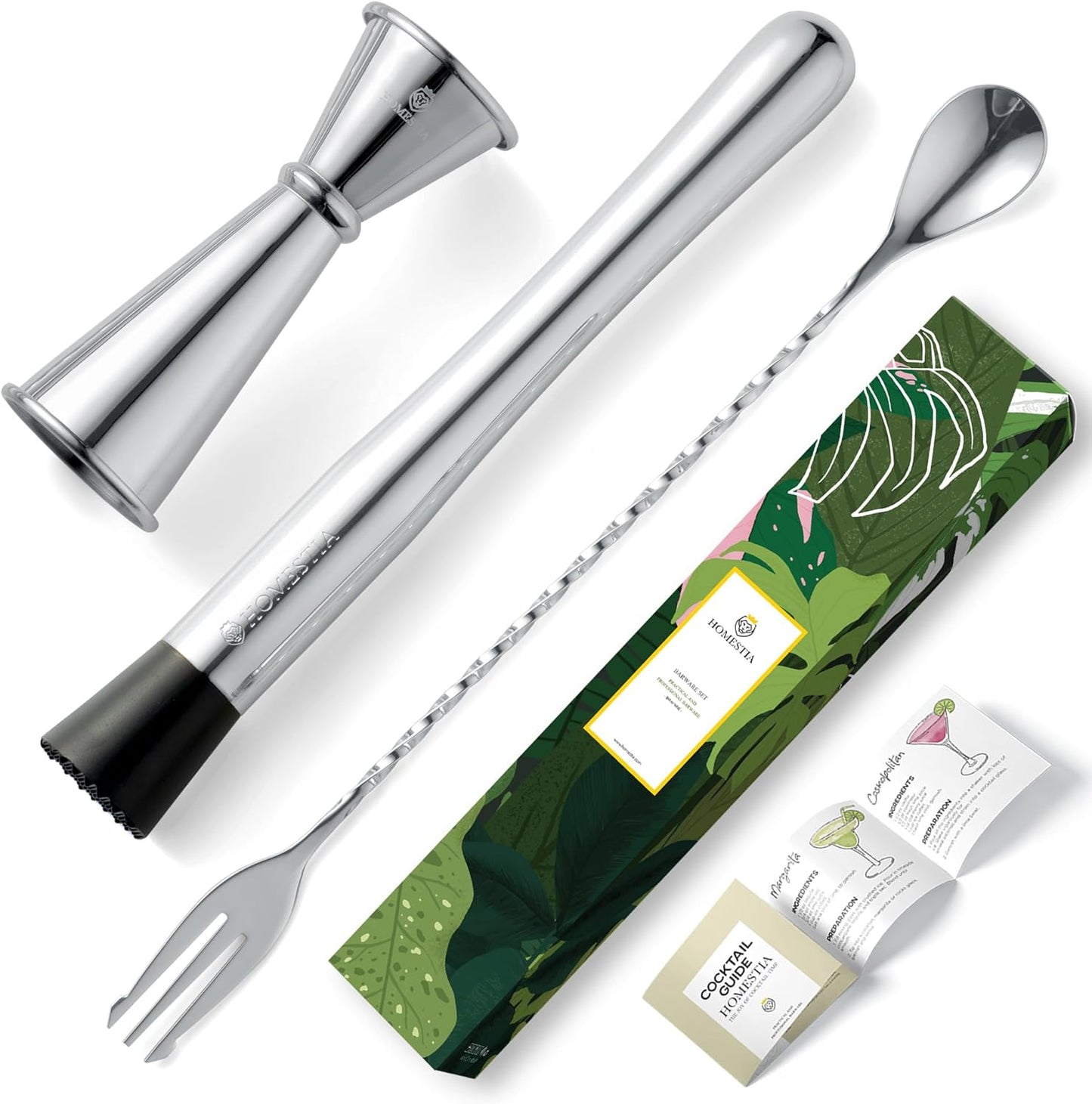 Homestia 3 Pcs Muddler for Cocktails Set, 10'' Muddler, 12'' Cocktail Spoon & 1 OZ/2 OZ Double Jigger Mixing Tool Set, Stainless Steel Silver Bar Tool Set for Beverages Drinks Mixing Home Bar