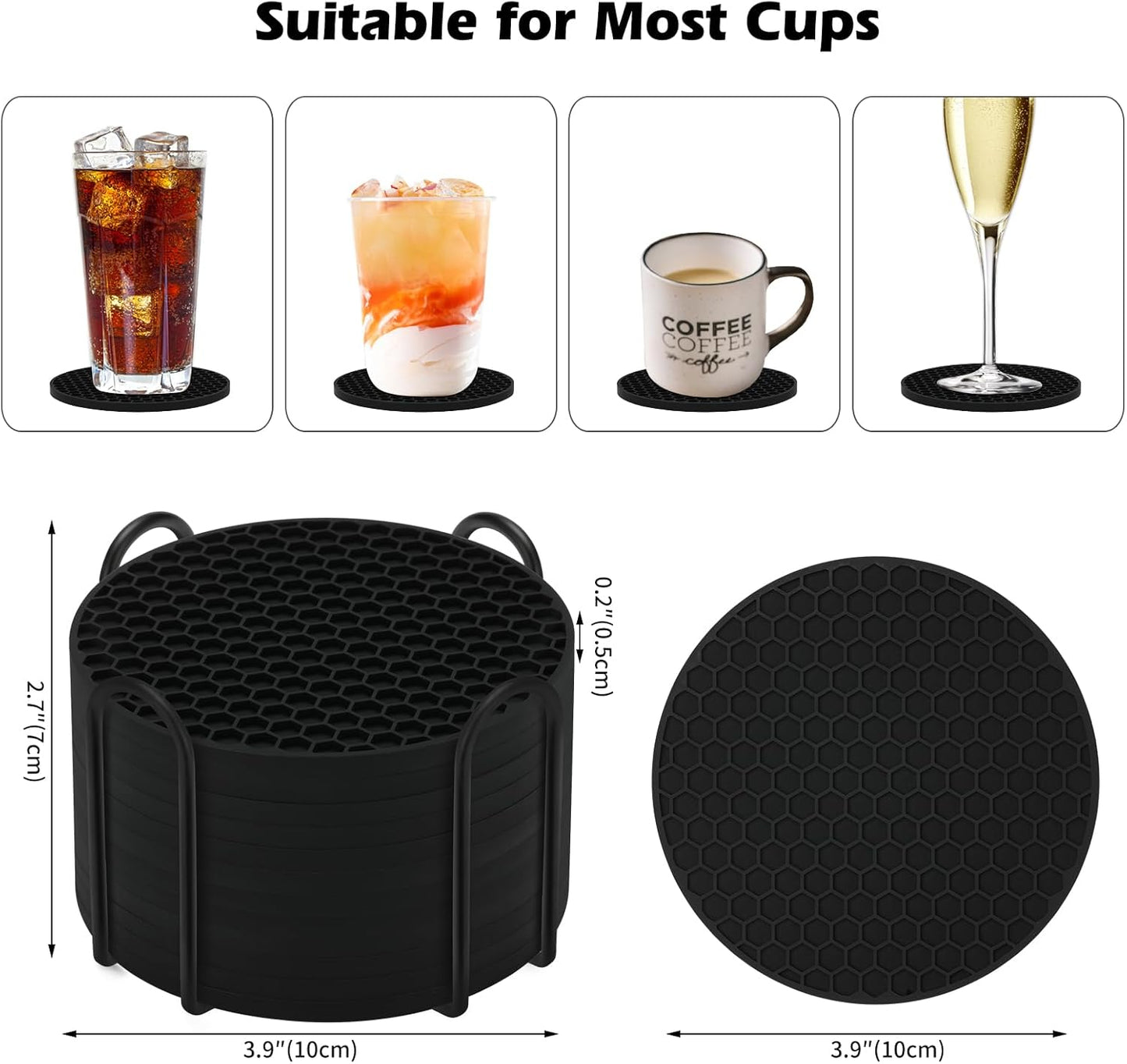 Silicone Coasters Set of 12 with Holder,Coasters for Drinks,Beer,Coffee Coasters,Suitable for Kinds Cups,Hot or Cold,Anti-SLI,Non-Stick,Anti-Overflow Tabletop Protection and Decor (12 Pcs, Black)