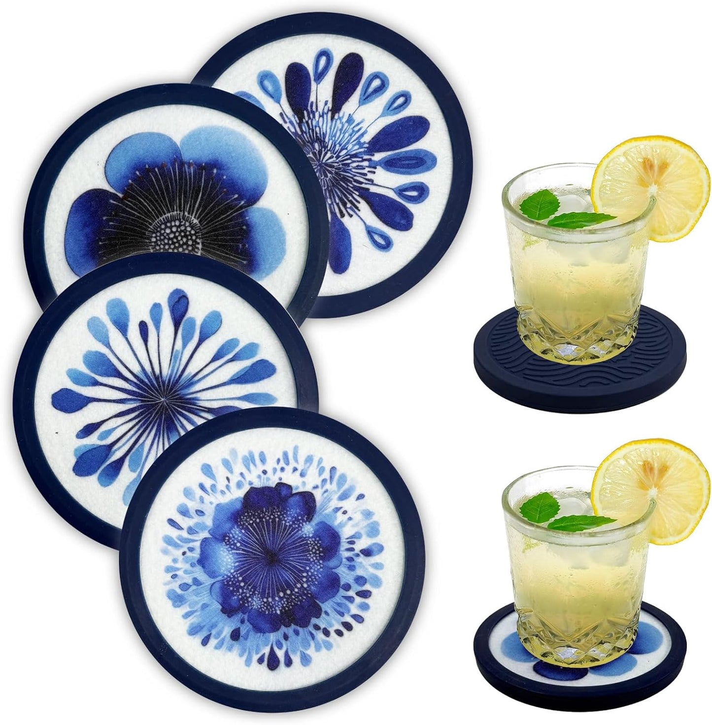 Indigo Floral Non-Slip Silicone Coasters, 4-Pack Double-Sided Absorbent Cup Mats for Hot & Cold Drinks, Scratch & Water Ring Protection for Wood Tables, Home Office Bar Use (4PC)