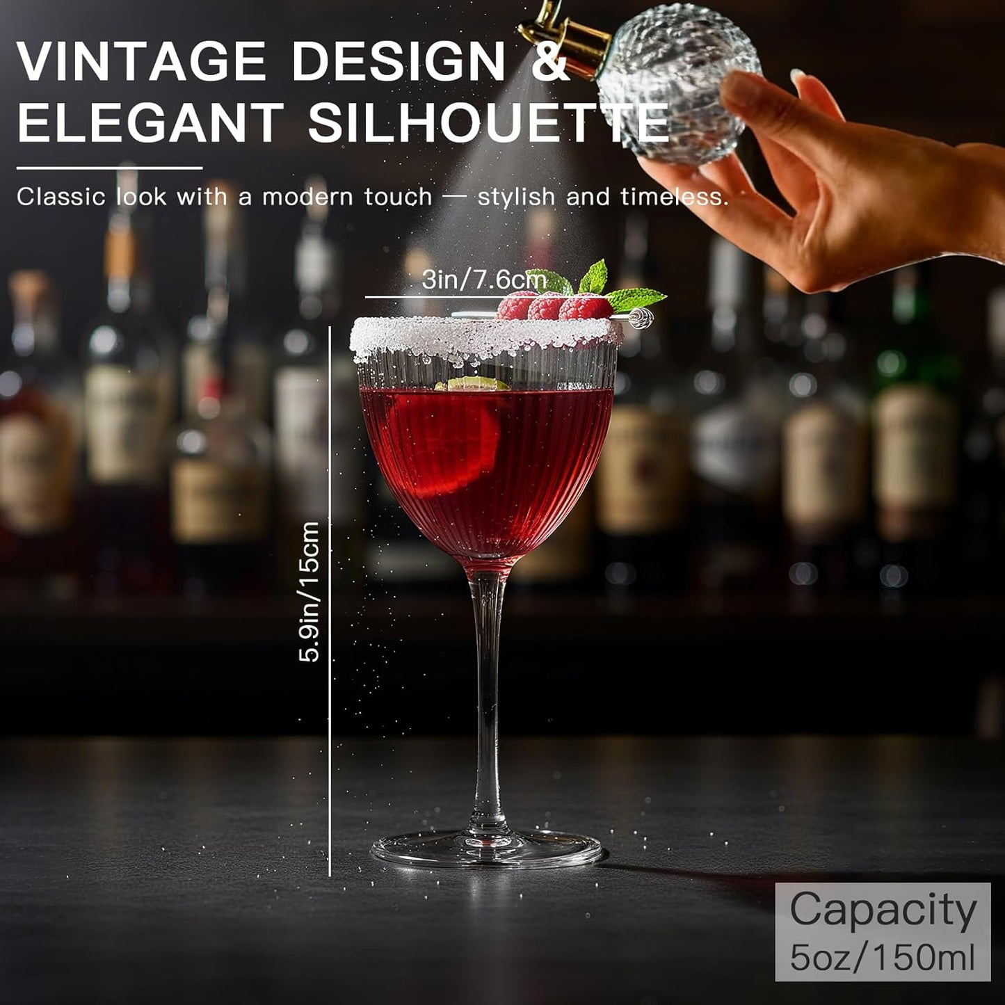 Nick and Nora Cocktail Glasses - Coupe Glasses Set of 4, Vintage Ribbed Martini Glassware, Crystal Cordial Cups for Whiskey, Gin, Vodka, Champagne, Mothers Day Gifts,Gifts for My Wife, 5 Oz