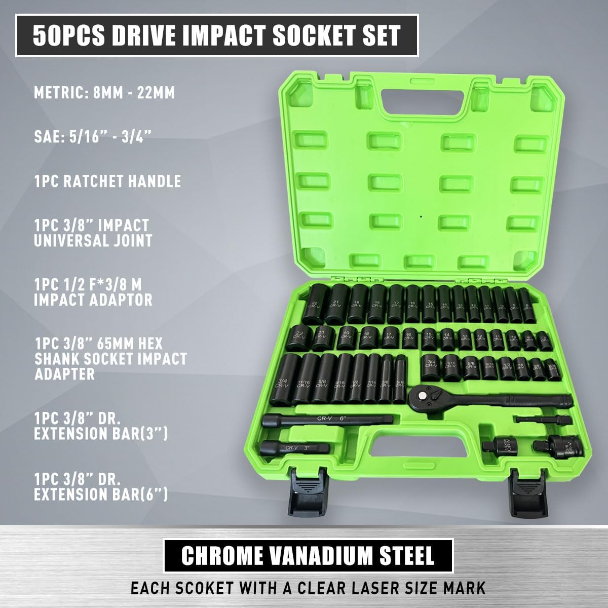 3/8" Drive Socket Set 50-Piece, SAE (5/16-3/4") & Metric (8-22mm), Deep & Shallow Impact Socket Set with Case, 6 Points, Premium CR-V, Extension Bars, Universal Joint & Power Drill, Gift for Men