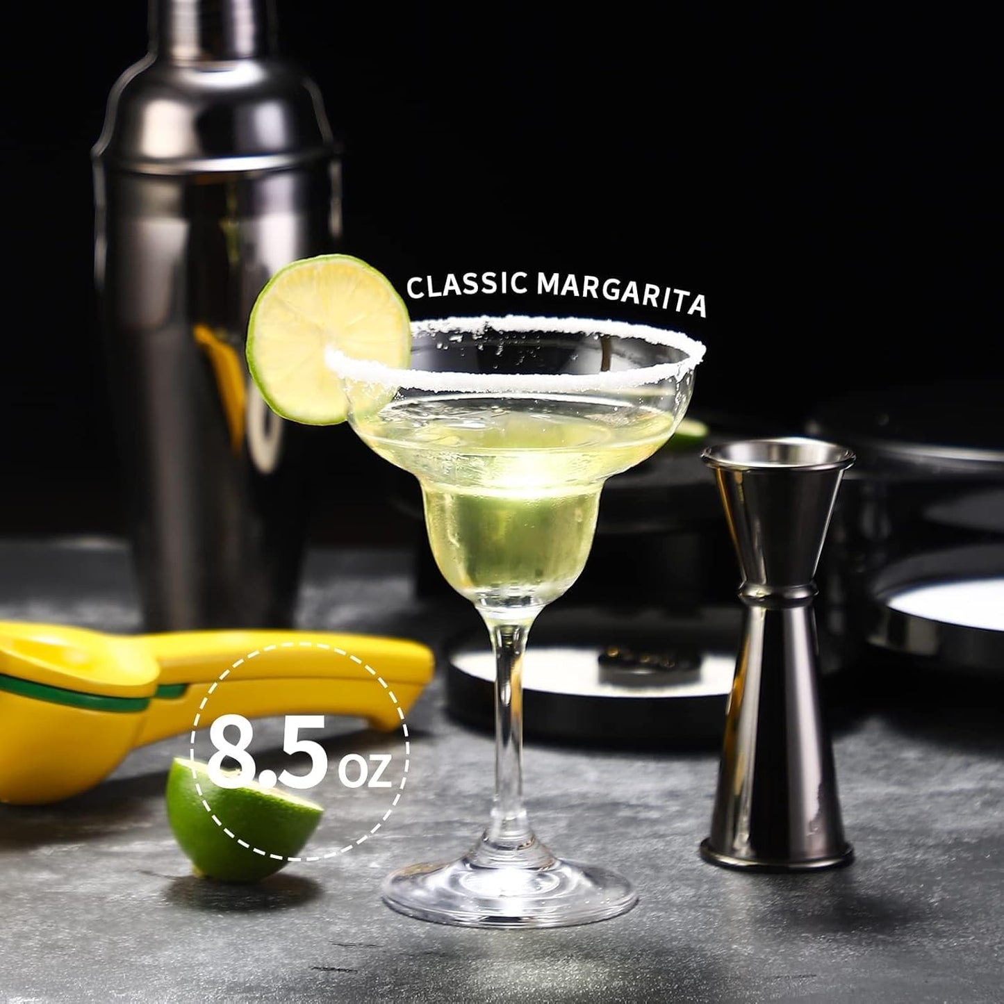 Margarita Kit - Set of 2 Margarita Glasses (8.5oz), 3-Tier Salt Rimmer, Stainless Cocktail Shaker & Jigger, Coasters，Cocktails Cards，Citrus Squeezer and More - Margarita Kit Gift Set