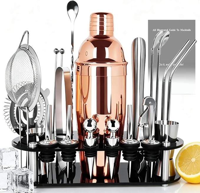 22-Piece Cocktail Shaker Set, 25/20oz Bartender Kit, Bartending Stainless Steel Bar Tools Sets for Drink Mixing, Boston Cocktail Shakers with Stand Recipes Booklet (Black-25-20oz) - Rose Gold-25oz