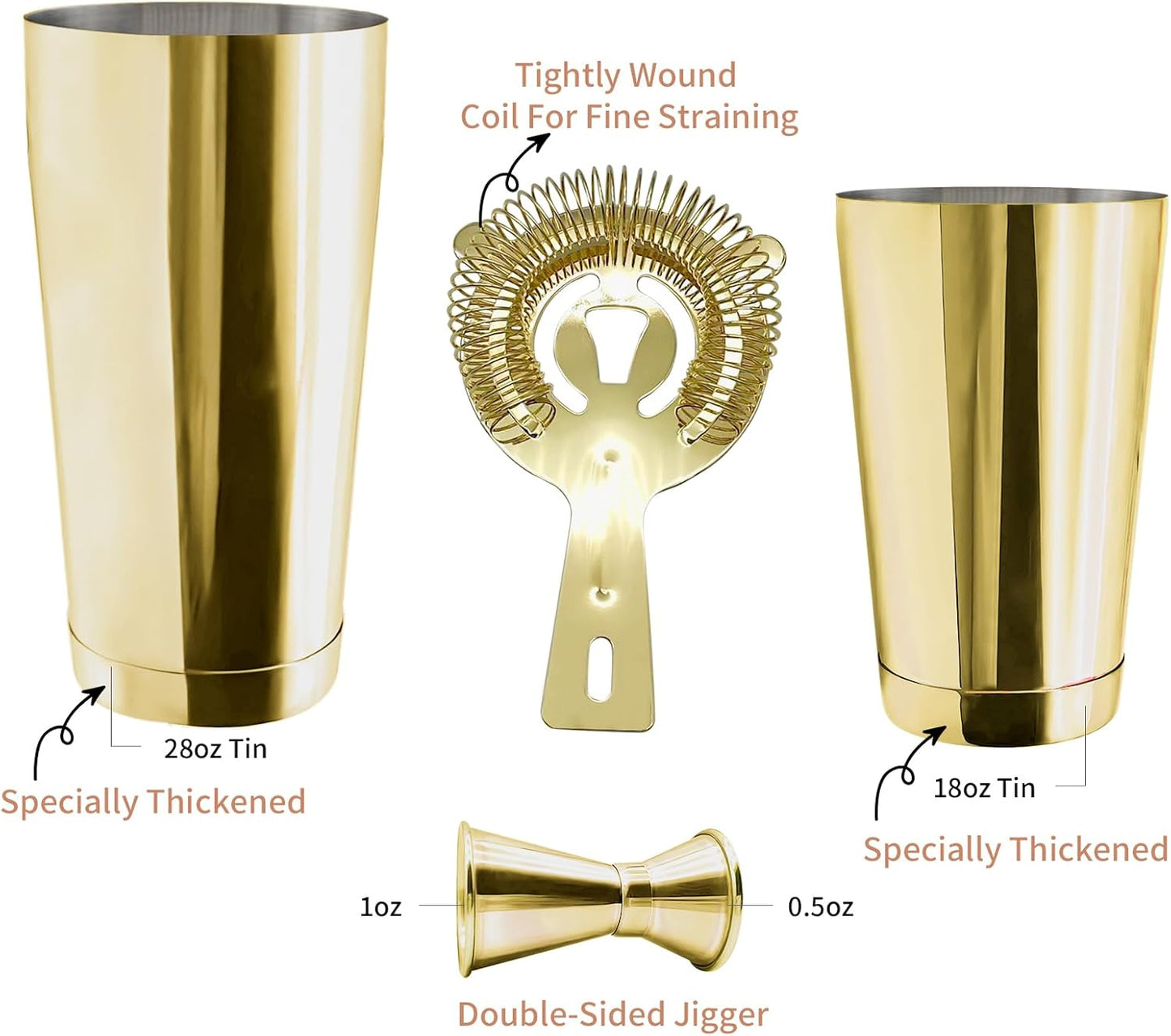 Safring Boston Cocktail Shaker Bar Set, Weighted Boston Shaker Tins, Bartender Kit with 18oz & 28oz Mixed Drink Shaker, Hawthorne Strainer, Double Measuring Jigger - Gold