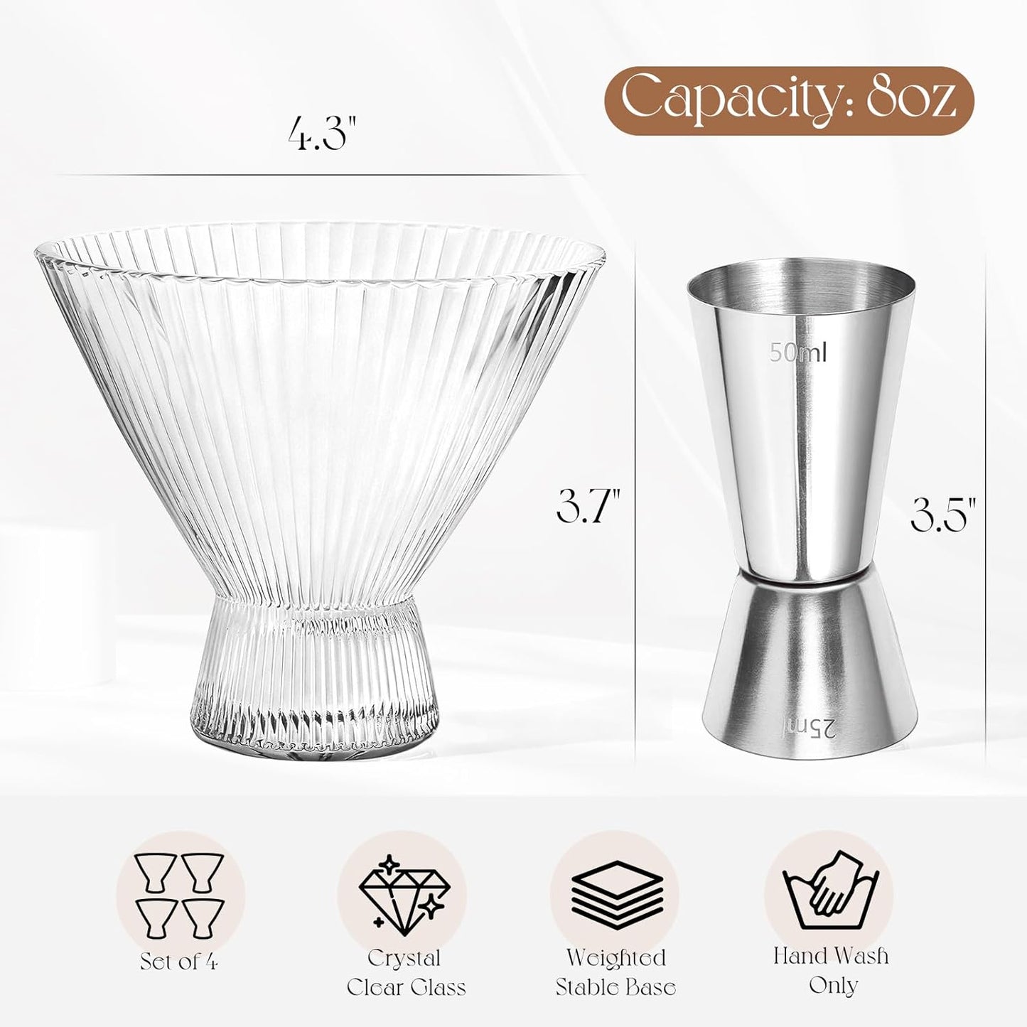 VIMERPA Martini Glasses, Ribbed Stemless Martini Glass Set of 4, 8oz Large coupe, for Champagne Espresso, Crystal Retro Style for Cocktail Bar Drinks, Vintage Art Deco Glassware