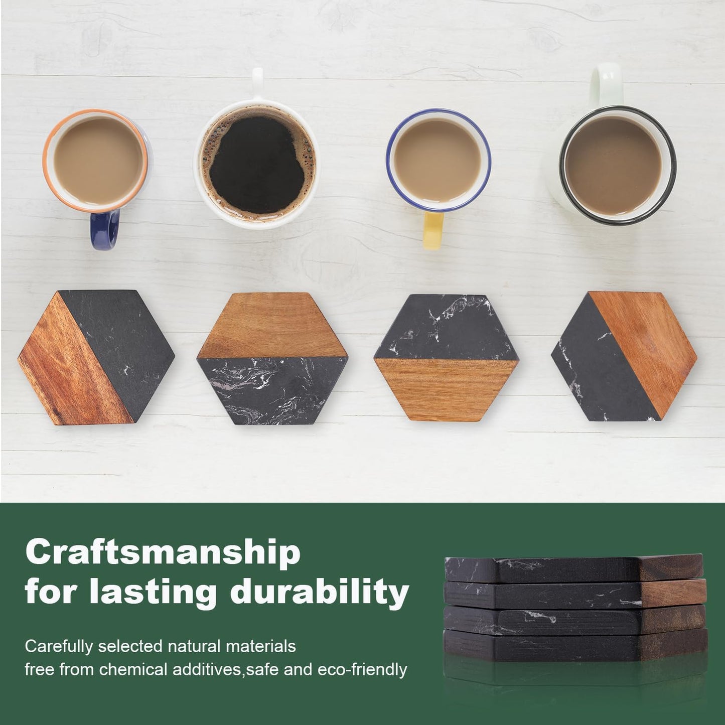 Marble Wood Coasters Set of 4, Fun & Cute Drink Coasters for Coffee Table, Coffee Bar Decor & Desk Accessories, Black