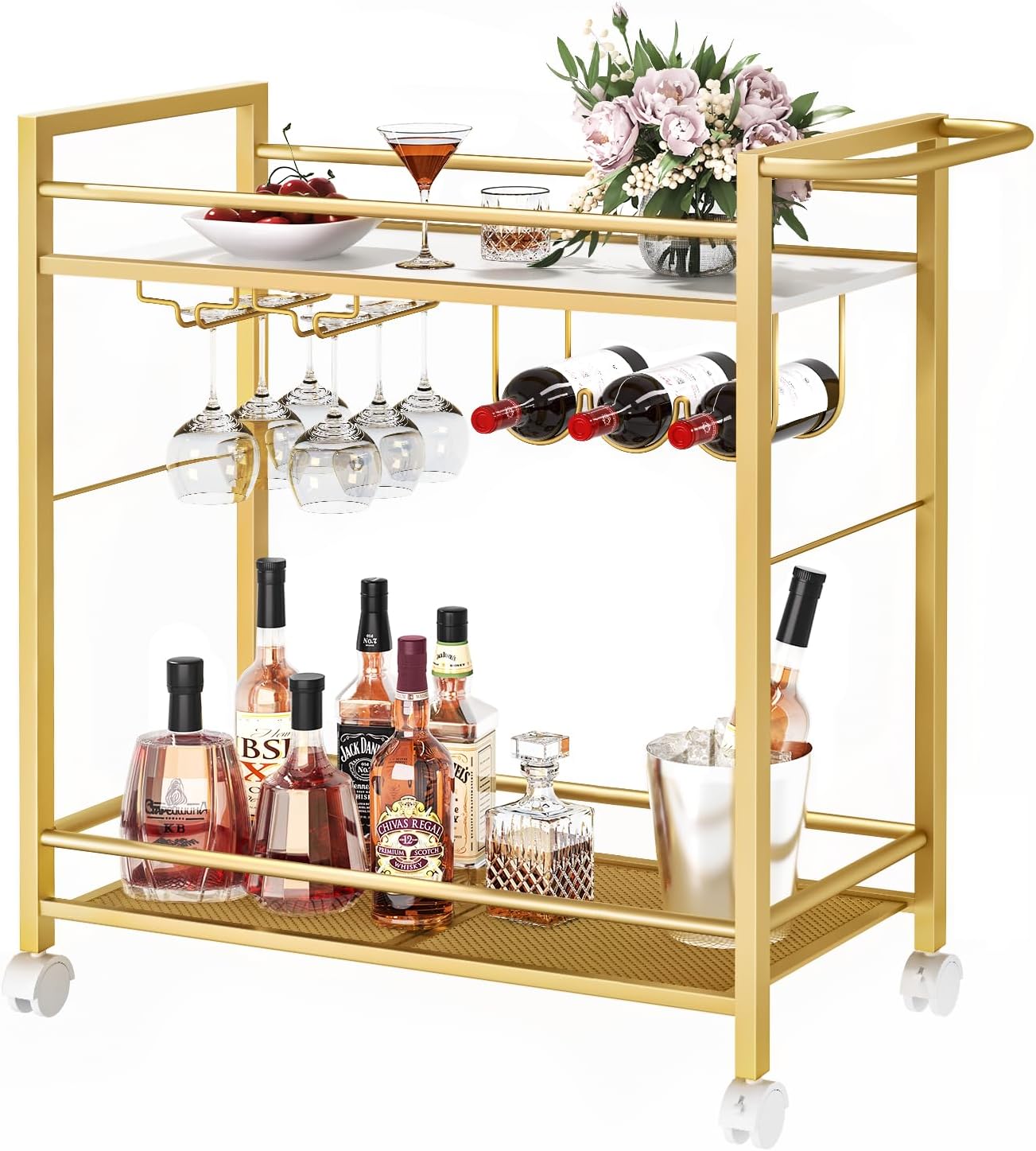 Joaxswe Bar Cart,Home Bar Serving Cart with Storage Shelves, 2 Tier Rolling Beverage Cart with Wheels, Modern Wine Cart with Wine Rack and Glass Holder for Kitchen, Living Room,Dinning Room,Gold