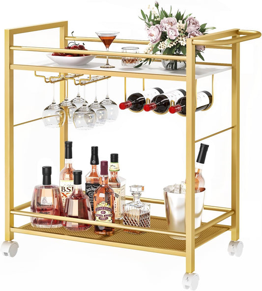 Joaxswe Bar Cart,Home Bar Serving Cart with Storage Shelves, 2 Tier Rolling Beverage Cart with Wheels, Modern Wine Cart with Wine Rack and Glass Holder for Kitchen, Living Room,Dinning Room,Gold