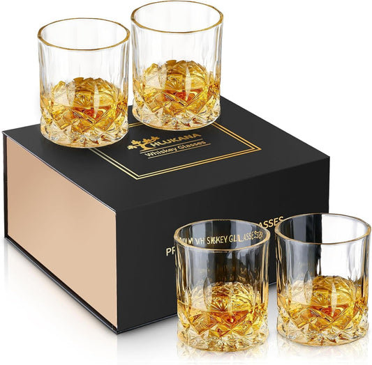 Hlukana Luxury Box Old Fashioned Whiskey Glasses Set of 4, 11 OZ Cocktail Glasses, Bourbon Rocks Scotch Glasses, Barware for Scotch Rum Vodka Liquor, Gifts for Men Father Grandfather Boss