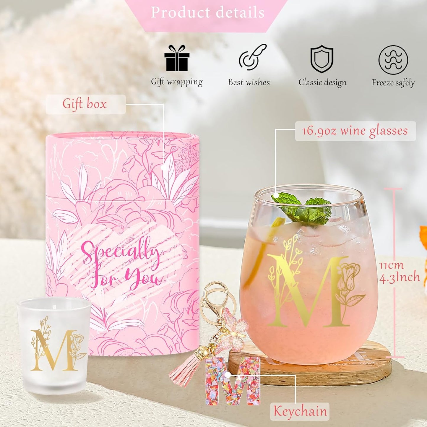 Personalized Birthday Gifts for Women Monogrammed Stemless Wine Glasses Unique Friendship Initial Gifts Christmas Gift for Women Mom Sister Her Wife Friends Customized Bridesmaid Bride Wedding Gift