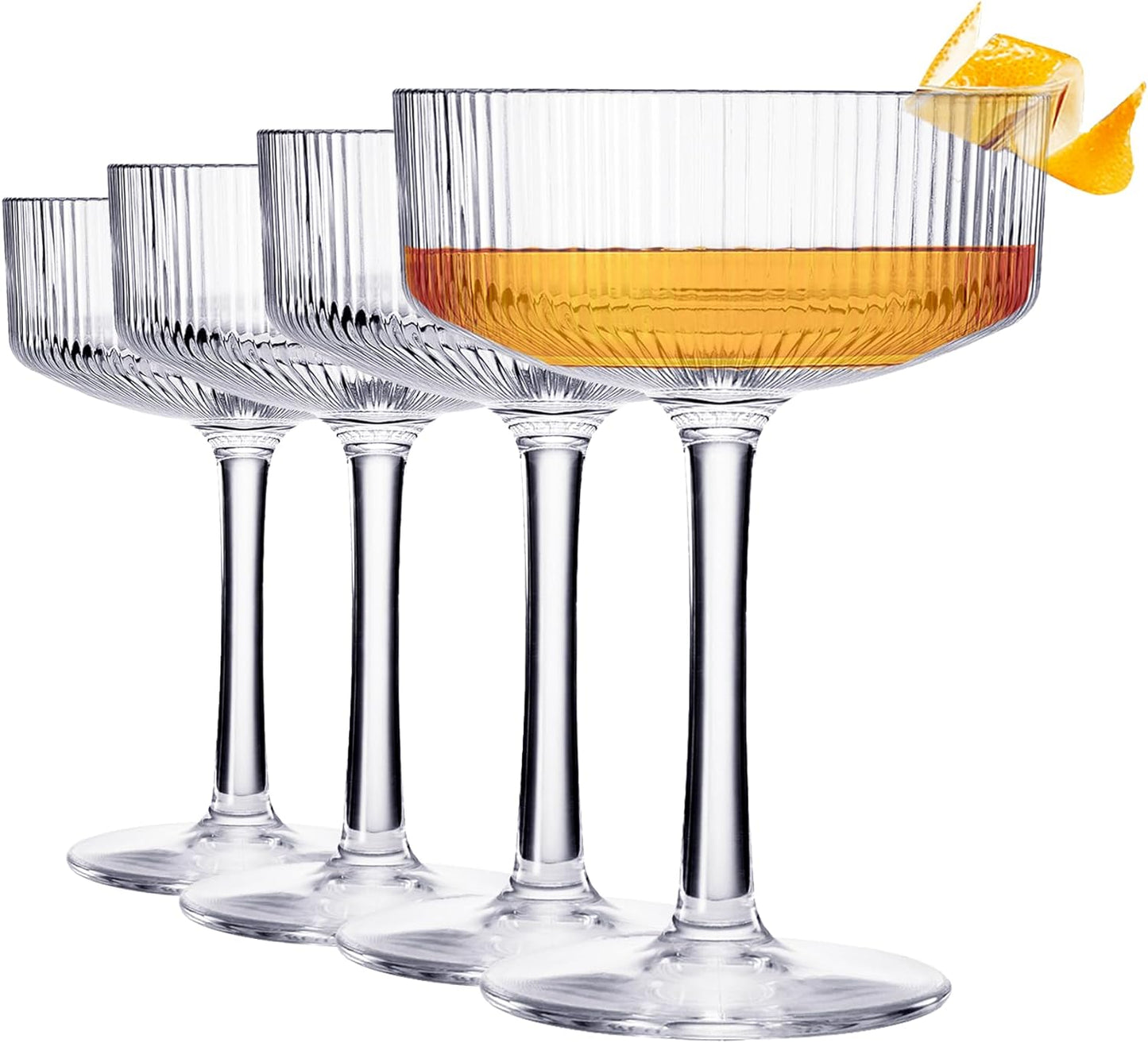 Khen Vintage Art Deco Shatterproof Coupe Martini, Champagne & Cocktail Glasses | Set of 4 | Acrylic Ribbed Glasses 8 oz Ripple Glassware Classic Cocktail Glassware Indoor & Outdoor, European Design