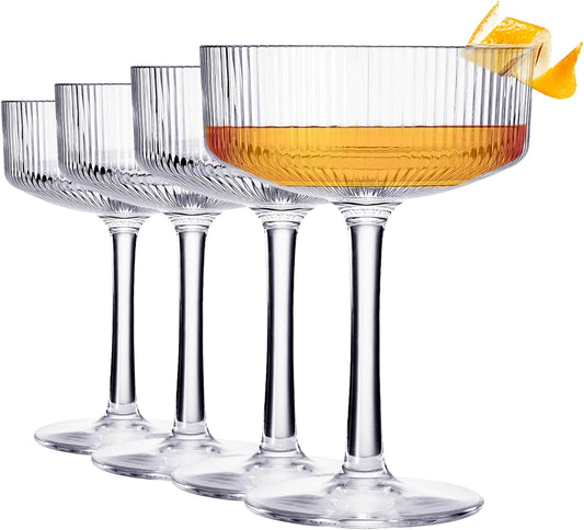 Khen Vintage Art Deco Shatterproof Coupe Martini, Champagne & Cocktail Glasses | Set of 4 | Acrylic Ribbed Glasses 8 oz Ripple Glassware Classic Cocktail Glassware Indoor & Outdoor, European Design