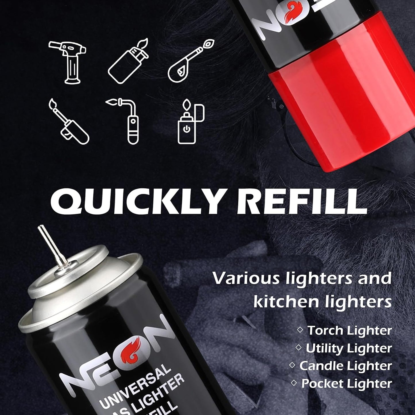 NEON Butane Fuel 300ml, 5X Premium Refined Butane Refill for Torch Lighter, 0 Impurities Lighter Fluid with Metal Nozzle & 5 Butane Gas Refill Adapters for Culinary, Welding, and DIY (2 Cans)