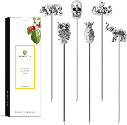 Homestia Stainless Steel Cocktail Picks, 4.7 Inch Reusable Martini Olive Picks, Metal Garnish Skewers for Drinks, Appetizers, Bloody Mary - Set of 6 Metal Cocktail Picks for Party Bar