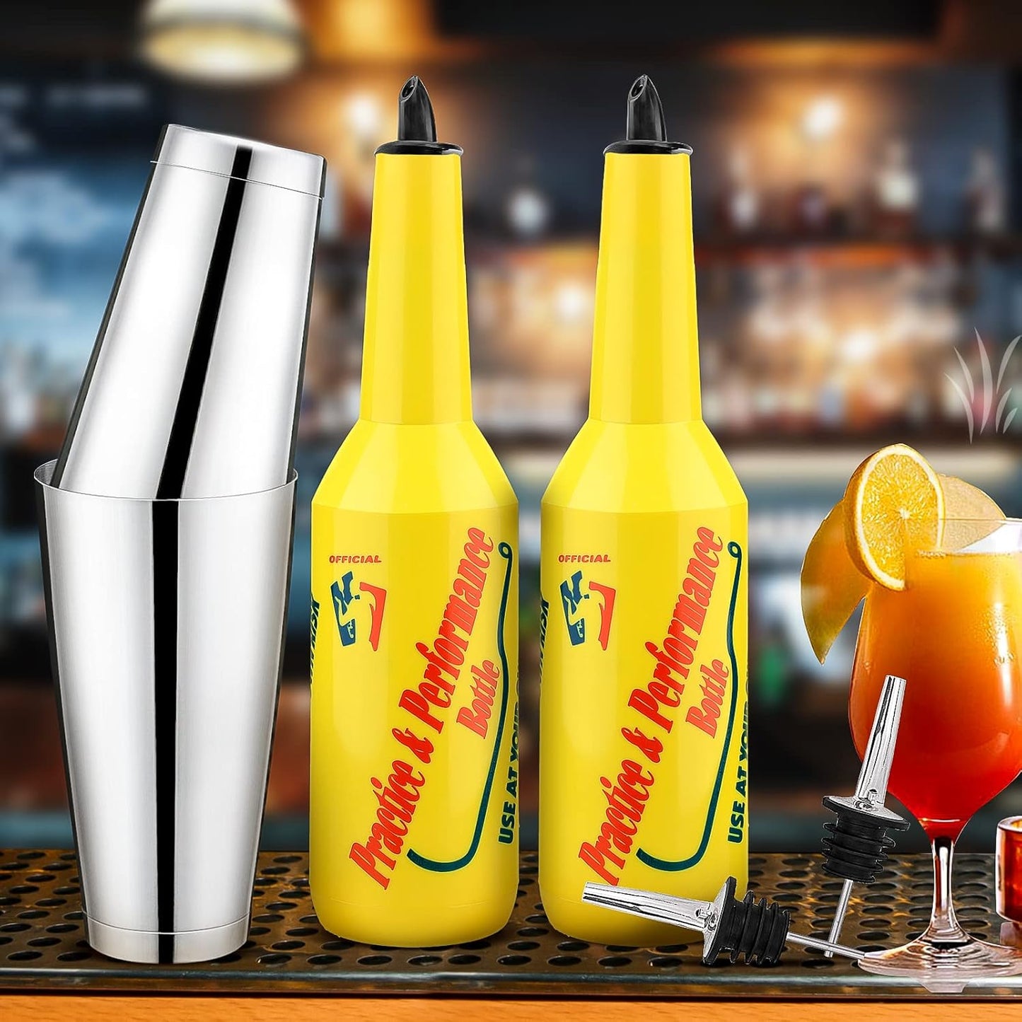 SuproBarware Flair Bottle - Yellow Flair Bartender Kit 7pcs, 2 Flair Bottle 25oz/750ml, 1 Boston Shaker, Flair Bartender Practice & Performance Bottle