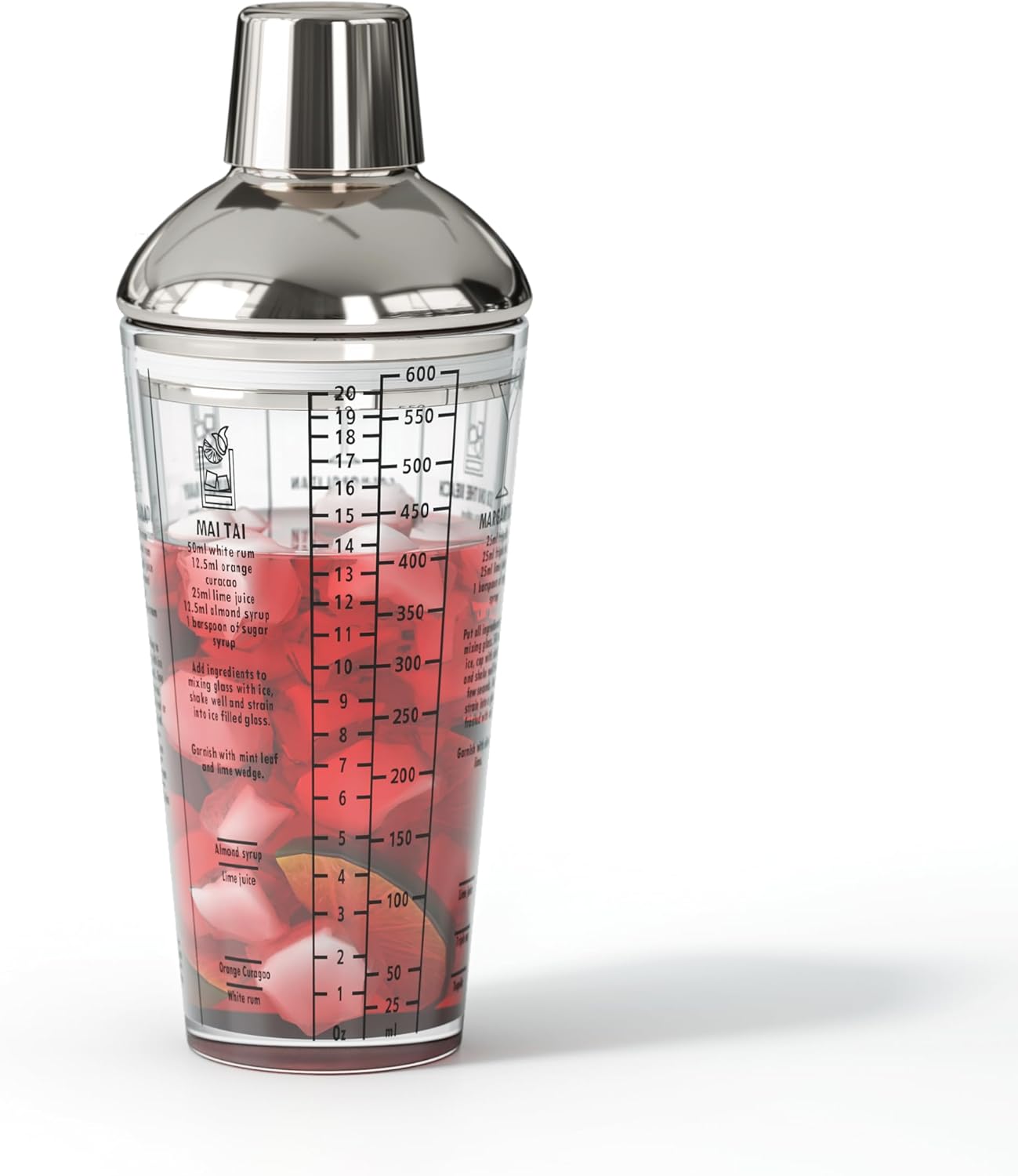 Glass Cocktail Shaker, with Recipes and Measurements 20oz, Built-in Strainer and Leakproof Seal, Clear Bar Tool for Margaritas, Martinis