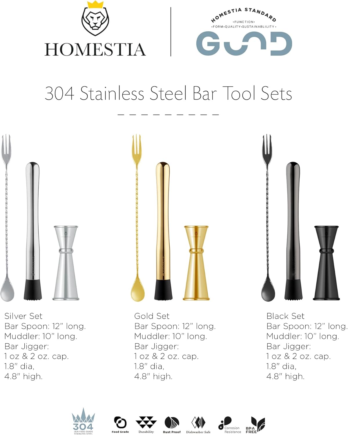 Homestia 3 Pcs Muddler for Cocktails Set, 10'' Muddler, 12'' Cocktail Spoon & 1 OZ/2 OZ Double Jigger Mixing Tool Set, Stainless Steel Silver Bar Tool Set for Beverages Drinks Mixing Home Bar