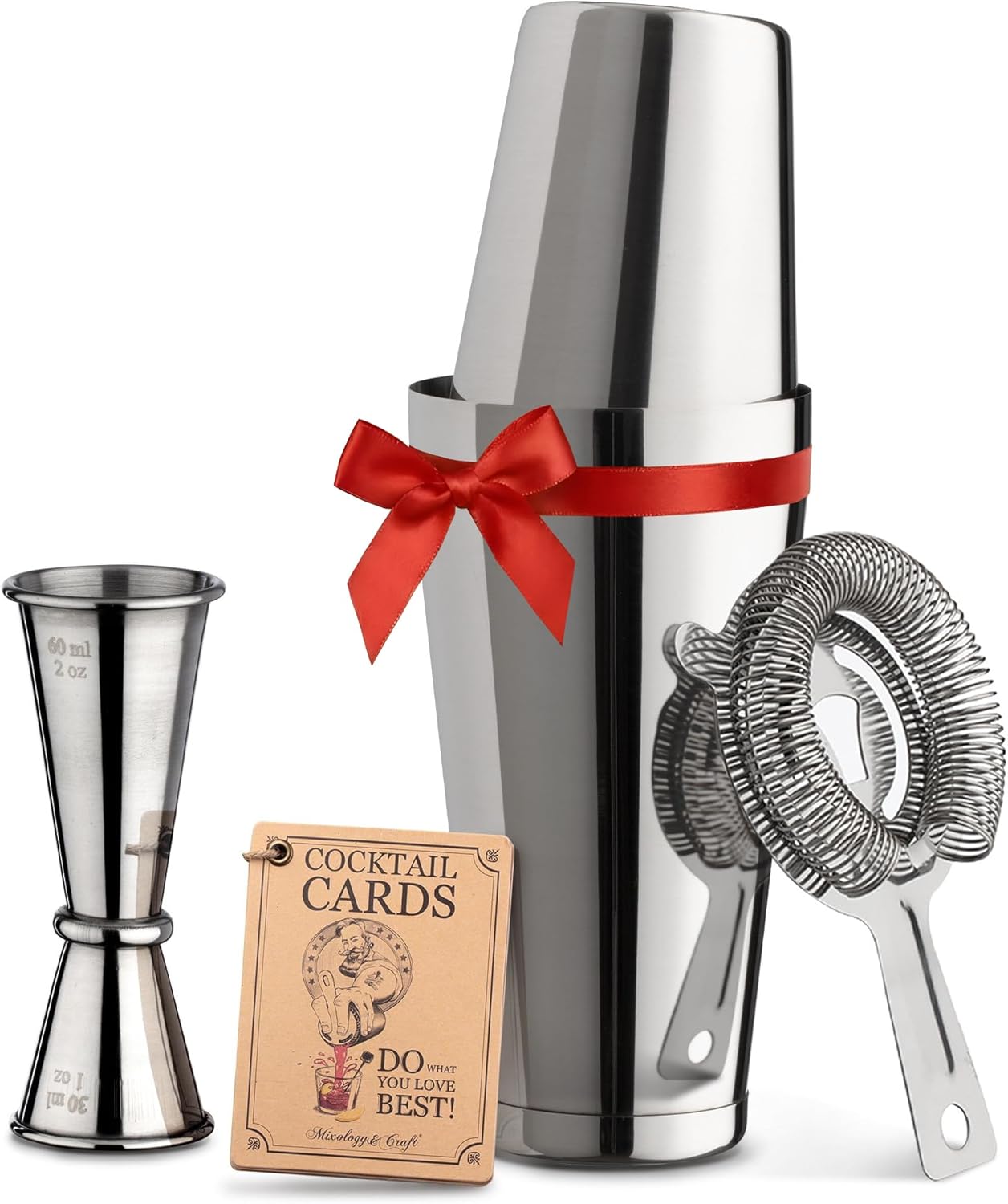 Mixology & Craft Boston Shaker Set with Weighted Martini Mixers, Strainer, Japanese Jigger, Leak-Proof Silver Finish, Exclusive Recipe Cards – Ideal Bar Tools Gift for Home Or Professional Use