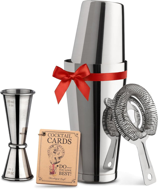 Mixology & Craft Boston Shaker Set with Weighted Martini Mixers, Strainer, Japanese Jigger, Leak-Proof Silver Finish, Exclusive Recipe Cards – Ideal Bar Tools Gift for Home Or Professional Use