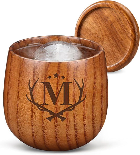 Father's Day Whiskey Glasses Birthday Gifts for Men Personalized Bourbon Glasses Engraved Wood Whiskey Tumbler Gifts for Men Him Husband Dad Whiskey Lovers Letter M Initial Bourbon Drinking Glass Cup