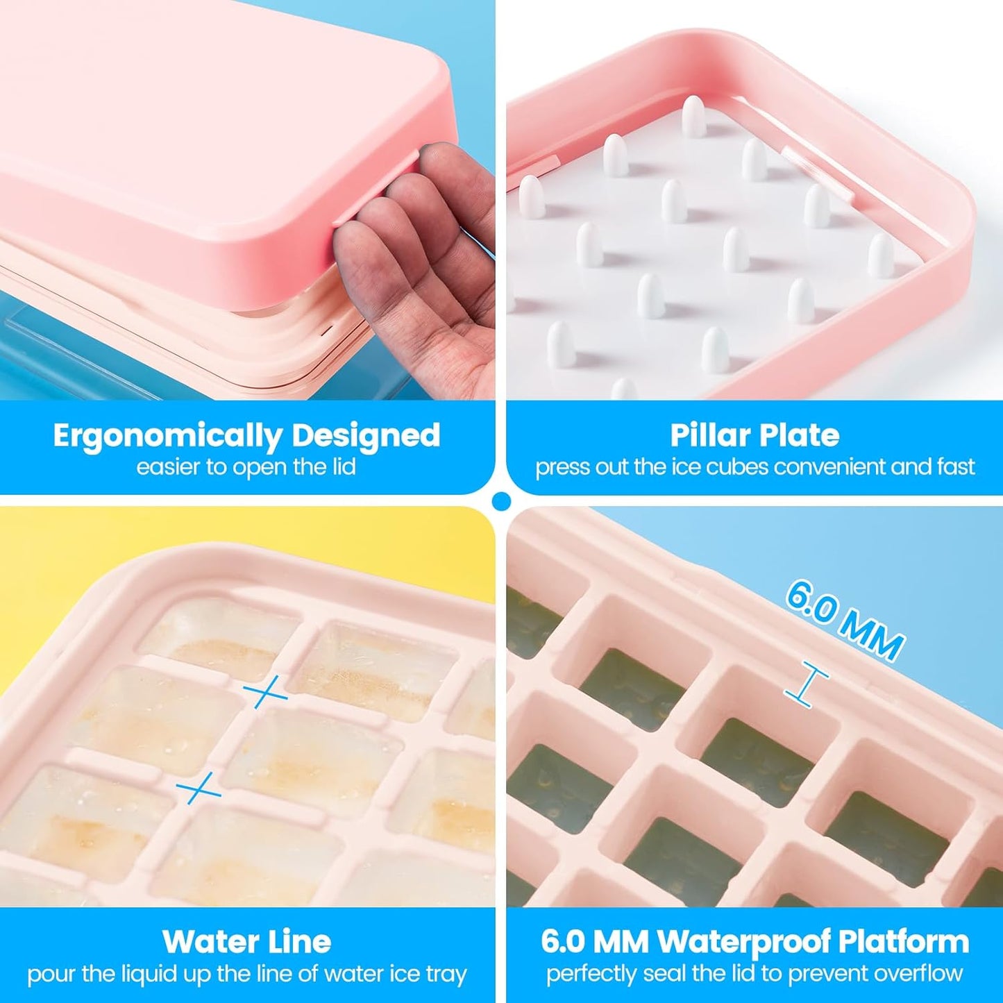 PHINOX Ice Cube Tray with Lid and Bin, Ice Trays for Freezer, Flexible Ice Cube Trays, Making 56 pcs Ice Cubes, Chilling Cocktail, Whiskey, Coffee, with 2 trays, Ice Container, Scoop&Cover, BPA Free