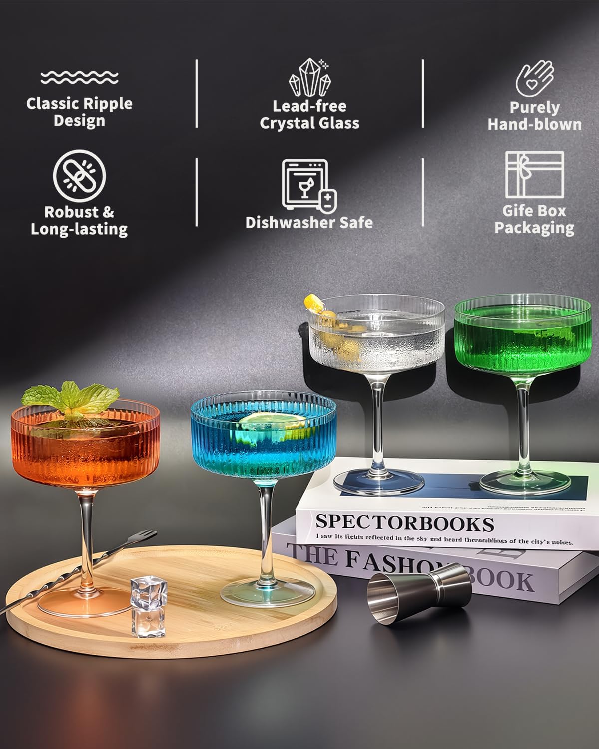 4 Pcs Coupe Glasses, Hand Blown 10 oz Cocktail Glasses, Ribbed Glasses, Gift Boxed Drinking Glass Set, Pefect Gift for Christmas, Espresso Martini, Manhattan, Wine, Champagne Martini Glasses Set of 4