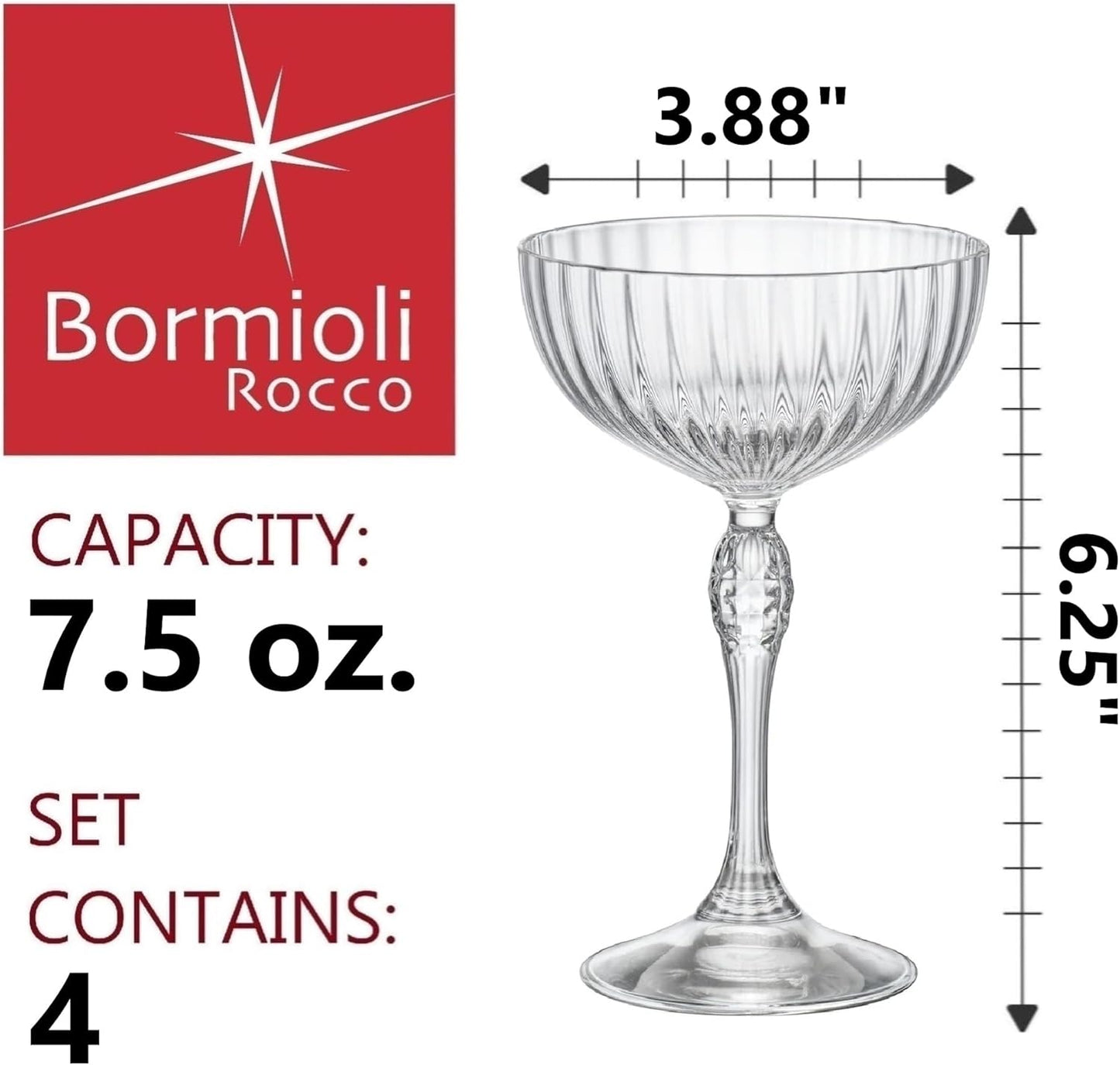Bormioli Rocco America '20s 7.5 oz. Cocktail Coupe Glasses, Clear, Set of 4