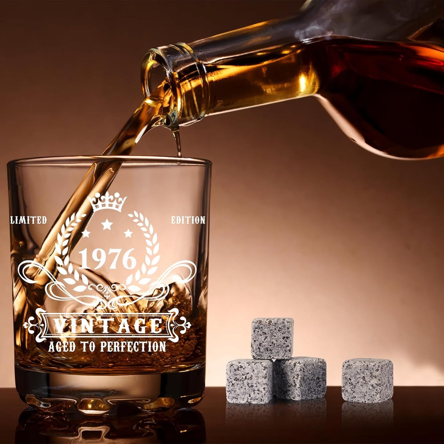 YeohJoy 50th Birthday Gifts for Men,Vintage 1976 Whiskey Glass Set,Wood Box & 1976 Poster Anniversary Card &Whiskey Coaster & Stones,Bday Gifts Ideas for Him, Dad, Husband