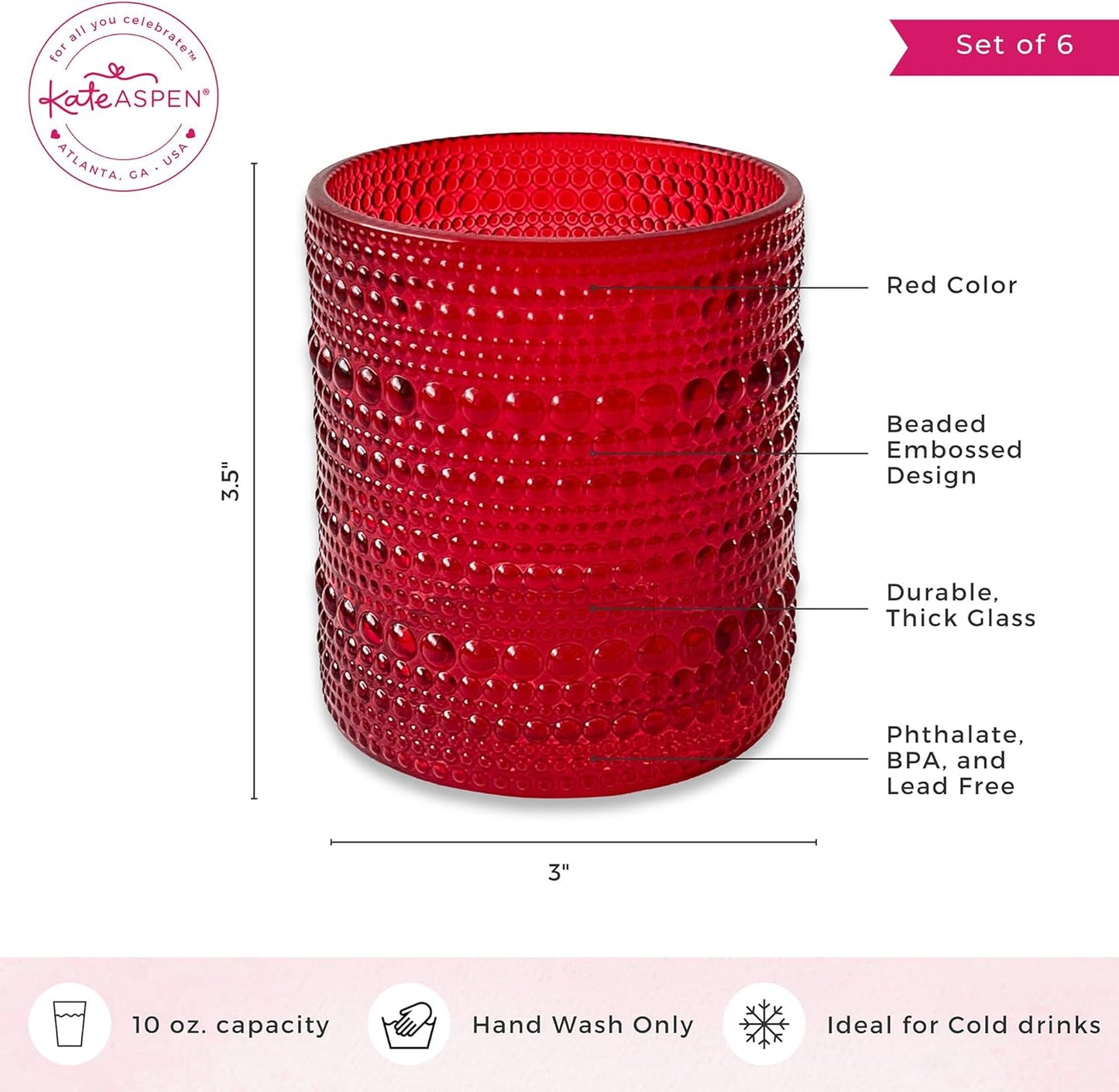 Kate Aspen Retro Arch Floral Red Drinking Glasses Set of 6, 10 oz Vintage Ribbed Glass Cups, Christmas Glassware & Holiday Drinkware, Valentine’s Day & Holiday Hostess Gift