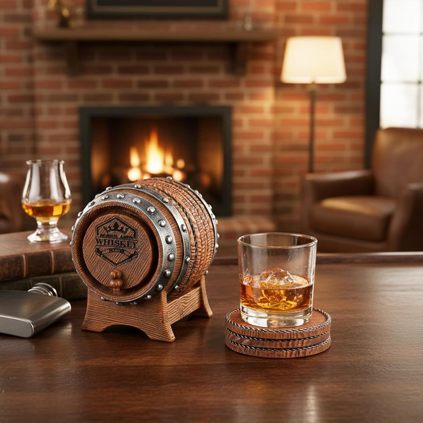 Whiskey Barrel Coasters Set 6 Full Size Non-Slip Cabin Decor Bar Coasters, Indoor Christmas Decorations, Man Cave Gifts for Men and Whiskey Lovers, Rustic Handmade Cup Coaster for The Home