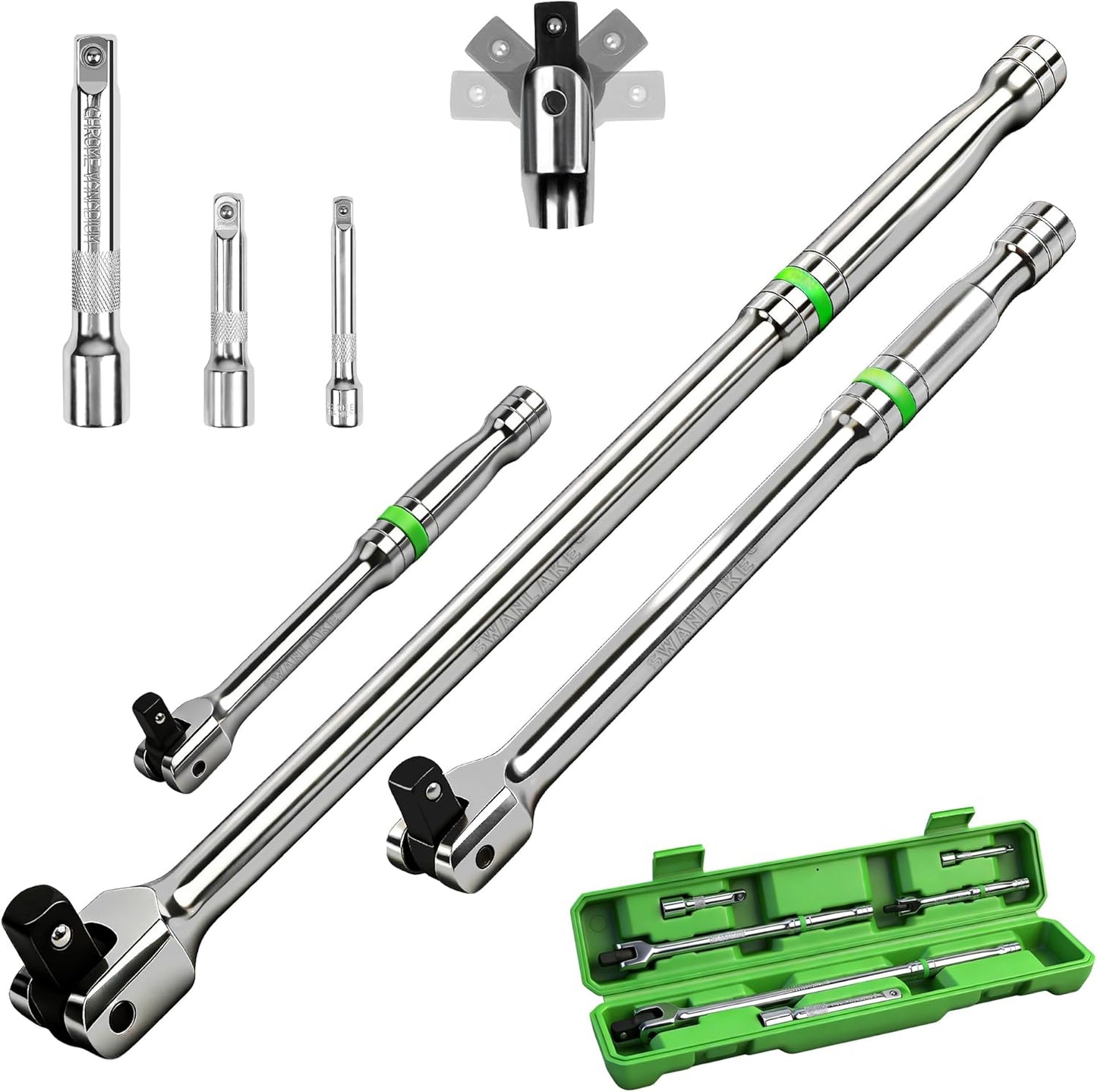 SWANLAKE GARDEN TOOLS 6-Piece Premium Breaker Bar Set, 1/4", 3/8" & 1/2" Drive, Heavy Duty Breaker Bars, 6-inch, 10-inch, 15-inch Length with 180° Rotatable Head