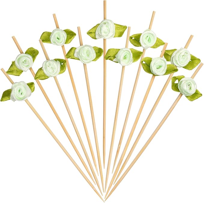 Minisland Multicolor Rose Flower Bamboo Cocktail Picks, Fancy Toothpicks - MSL225-Green Rose Toothpicks