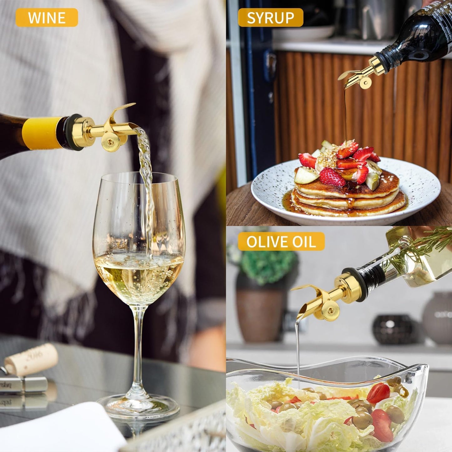 QPIX DIGITAL Weighted Stainless Steel Pourers, 4 Pcs Auto Flip Olive Oil Dispenser Spout, Alcohol Pourer Spouts, Liquor Bottle Pourers with Silicone Funnel, Gold Oil Dispenser for Kitchen