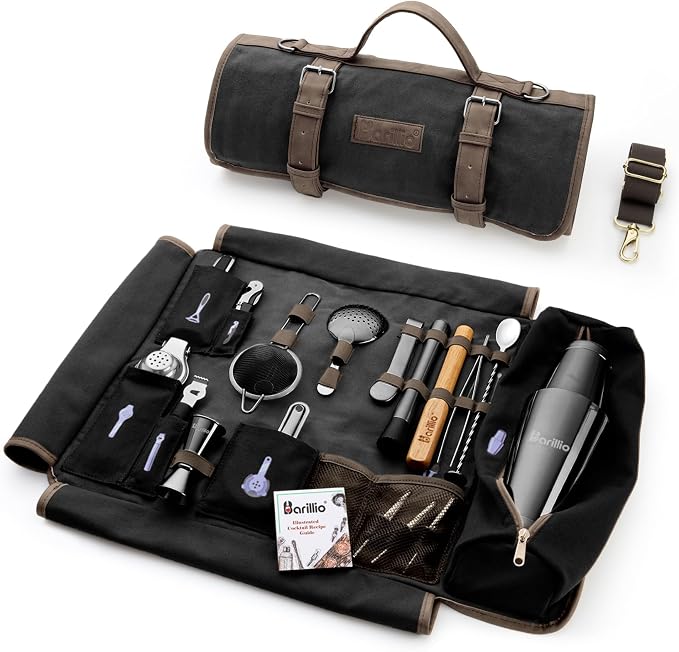 Barillio Bartender Kit Bag with Cocktail Shaker Set - Waxed Canvas, Traveling Bar Tools Bag with 17-Pc Cocktail Kit - Travel Mixology Bartending Kits - Mobile Bar Roll with Strap & Accessories - B0F9LDY3TY