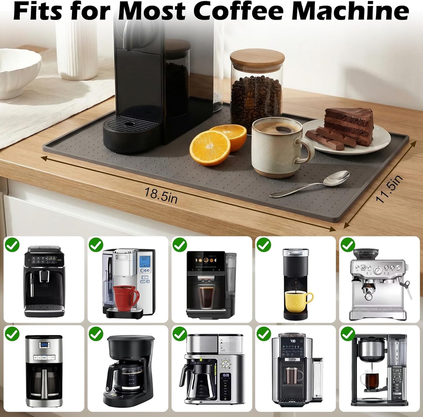 Coffee Mat Non-Slip Waterproof Silicone Bar Mat for Espresso Machine and Coffee Maker Leak-Proof Dish Drying Mats for Kitchen Counter, 11.5"X18.5", Grey