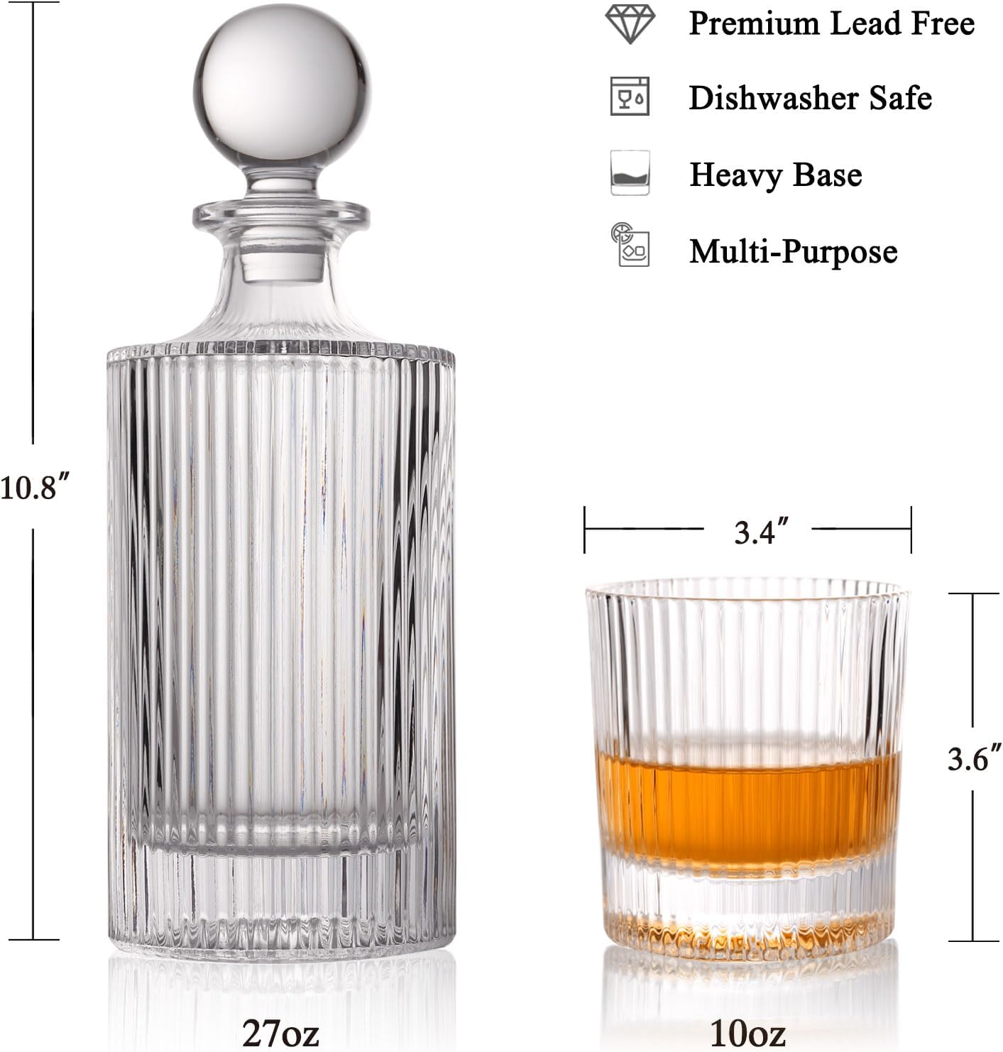 Whiskey Decanter Set with Gift Box - Includes 2 Crystal Bourbon Glasses and 2 Big Ice Ball Molds - Whiskey Glasses Set for Scotch, Cocktails, Rum, Cognac, Vodka - Unique Gift for Men