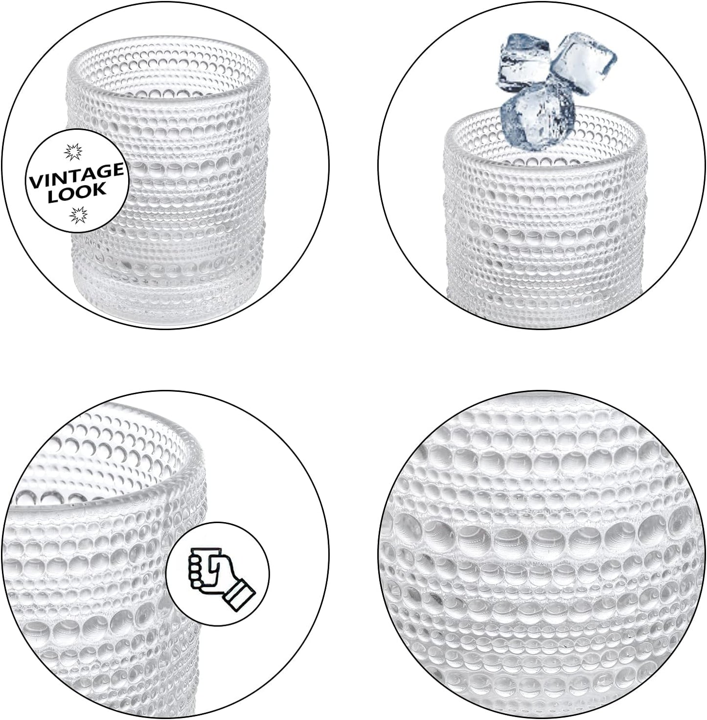 ZOOFOX Set of 6 Romantic Water Glasses, 12 oz Hobnail Glasses Tumbler, Clear Embossed Vintage Glassware Set for Beer, Cocktail, Soda, Beverages