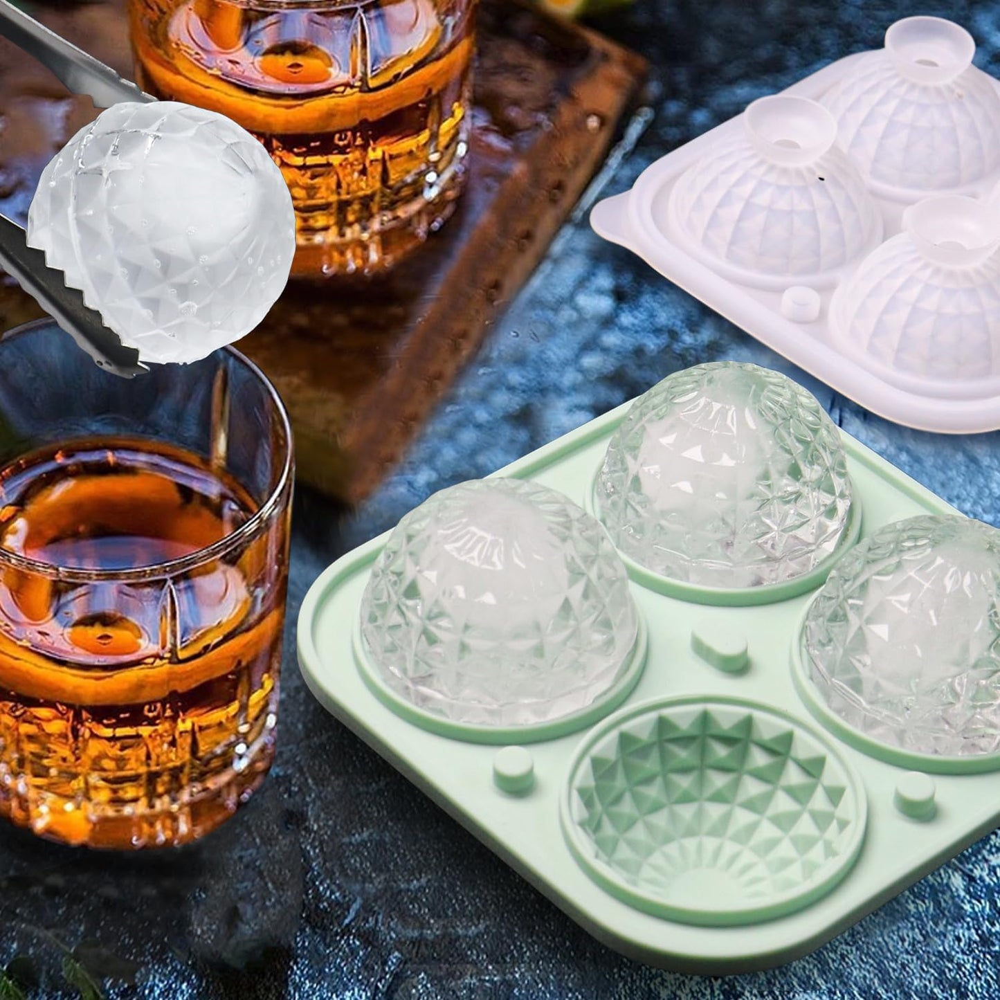 Prism Crystal Ball Ice Mold, Large Sphere Silicone Round Ice Mold, Fun Shapes Ice Cube Tray with Clear Funnel-type Lid, Make 4 Disco Ball Ice Cubes for Whiskey Cocktails and Juice, Green