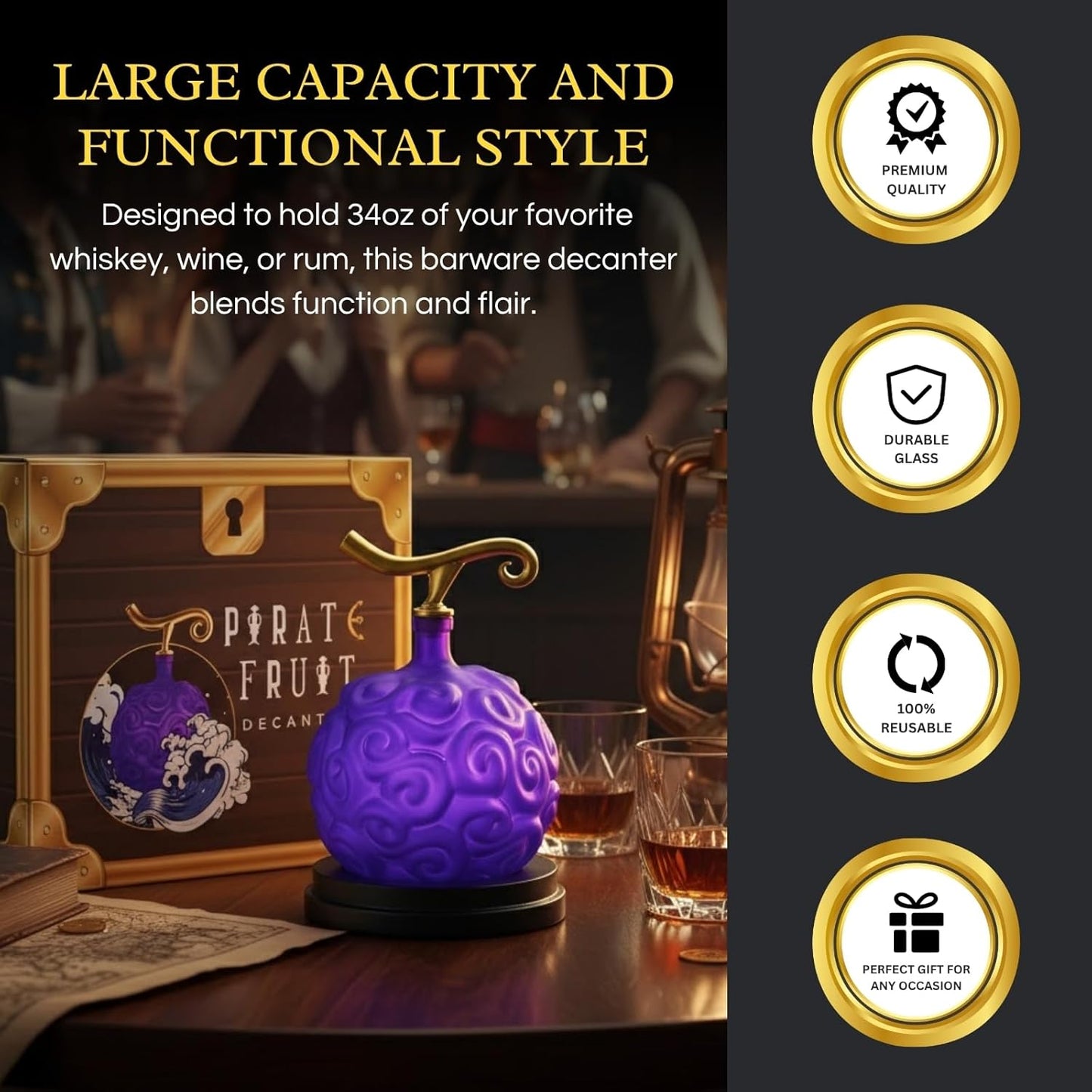 Anime Devil Fruit Decanter – Handcrafted Crystal Liquor Bottle, Mahogany Base | Home Bar Collectible Display | 34oz | Purple & Gold Fantasy Inspired Design, Whiskey Decanter Gifts Sets for Men