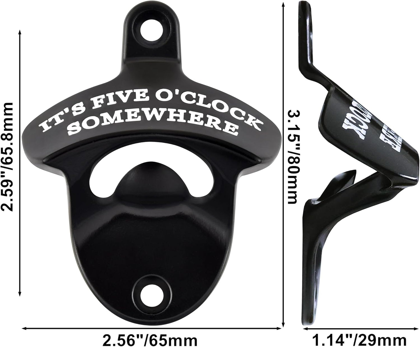Black Wall Mounted Bottle Opener with Cap Catcher Stainless, IT'S FIVE O'CLOCK SOMEWHERE Screw in Wall Beer Cap Opener Bucket Gift