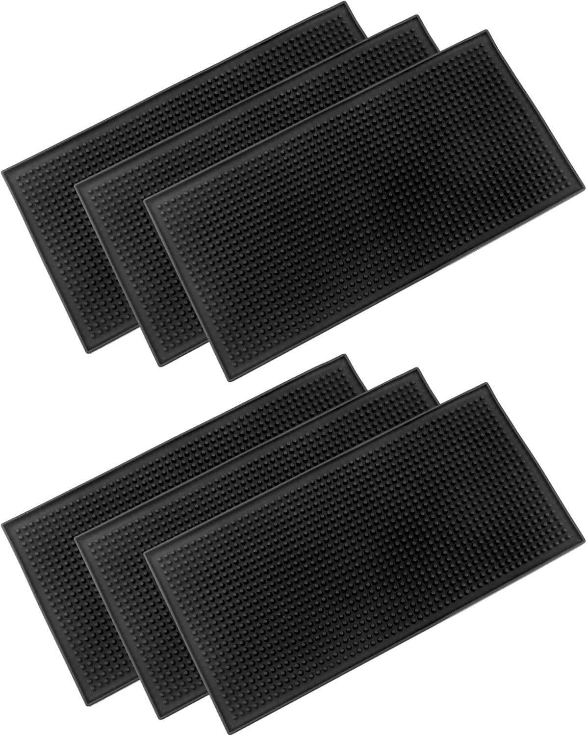 QWORK 12"x6" Black Rubber Bar Mat – 6 Pack Non-Slip Drainage Pad for Coffee Stations, Home Bars & Kitchens